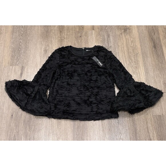 INA Top Womens Large Black Bell Sleeve Blouse Victorian Textured Artsy NEW - Picture 1 of 11
